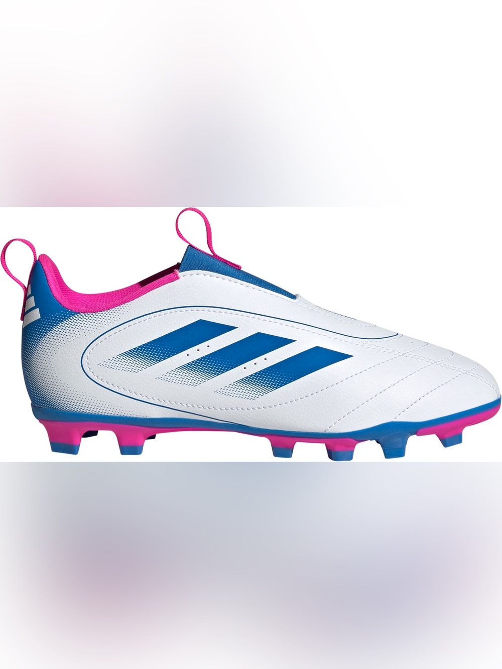 adidas Youth White Laceless Soccer Cleats with Blue Stripes & Pink Accents Sz 2